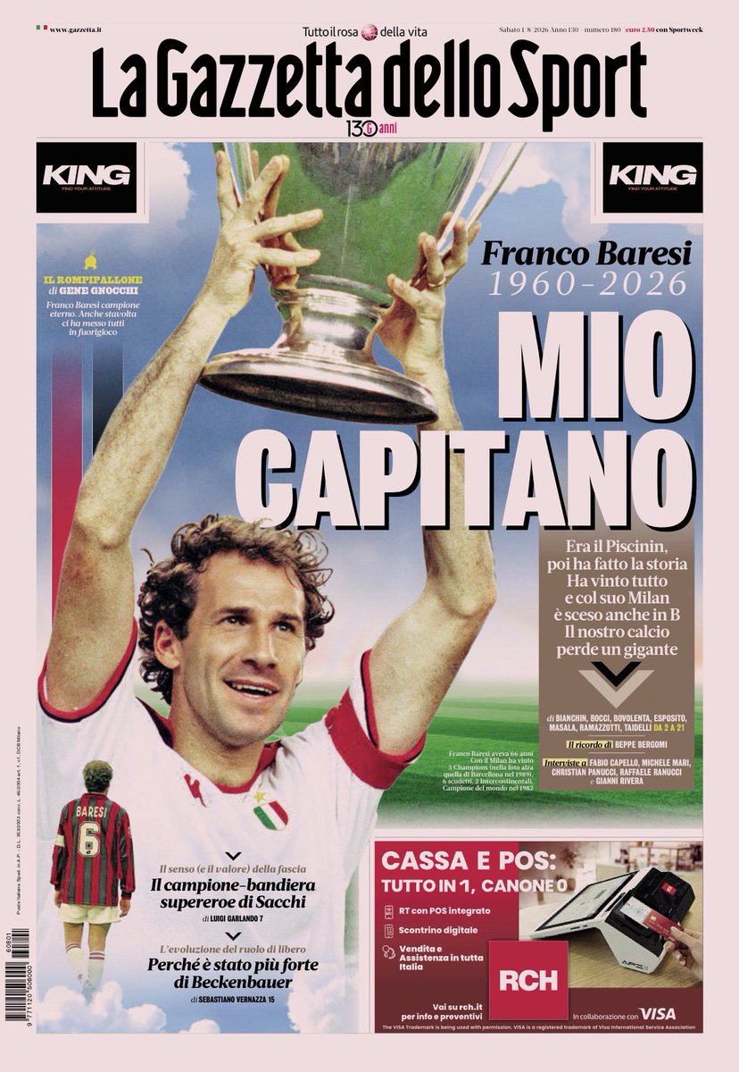 capuanogio's tweet photo. Struggente prima pagine della Gazzetta dello Sport dedicata a Franco #Baresi. https://t.co/dfME1Zy2Me