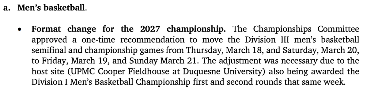 IAmMatthewD_'s tweet photo. This may have already been reported, but the 2027 D3 men's basketball Final Four and Championship will be played on Friday, March 19, and Sunday, March 21, instead of Thursday/Saturday. #d3hoops https://t.co/BkNZPQDYbX