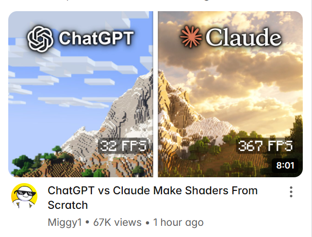migcreator's tweet photo. "ChatGPT vs Claude Make Shaders From Scratch"

go watch https://t.co/SrKUdXWVvL