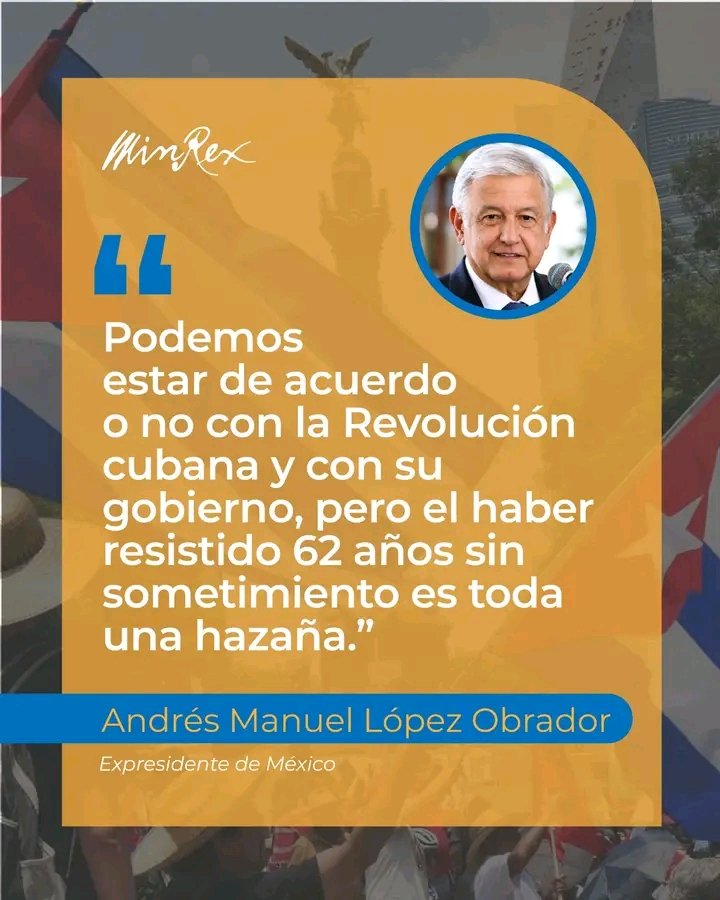 LAR_2025's tweet photo. Hace poco más de 5 años, Andrés Manuel López Obrador, expresidente de México 🇲🇽 al referirse a Cuba, expresó: “Por su lucha en defensa de la soberanía de su país, el pueblo de #Cuba 🇨🇺, merece el premio de la dignidad.”
#TumbaElBloqueo
#LaPatriaSeDefiende
#CubaNoEsUnaAmenaza https://t.co/S8JyYf38UX