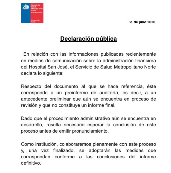 SSMNorte's tweet photo. Declaración pública del Servicio de Salud  Metropolitano Norte | 31 de julio 2026 https://t.co/jtr2RFWmQH
