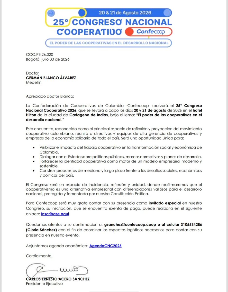GermanBlancoA's tweet photo. CONGRESO NACIONAL COOPERATIVO
@ConfecoopCol 

Atenderé invitación del gremio al 25⁰ Congreso que reune todas las Cooperativas de Colombia.

Cartagena 20/21/Agst
"El Poder de las Cooperativas en el Desarrollo Nacional"

Modelo Socio económico: Ahorro y Crédito, Servicios múltiples y Trabajo Asociado.
