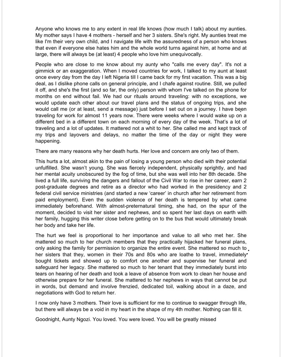OtunbaOdogwu's tweet photo. 50 days ago, I dropped my aunt off at a rendezvous with her traveling party.

8 hours later, I got a call to say my kind, generous aunt was dead, killed in a backwater by a speeding driver.

Much has happened since. None of it has been easy.

I wrote this to honor her memory: https://t.co/nuCaVSMmi1