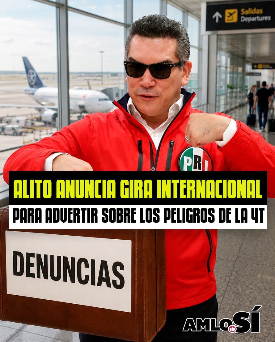 BarrancoAnaya's tweet photo. Se va de vacaciones por todo el mundo.

El dirigente nacional del PRI, Alejandro Moreno Cárdenas "Alito", anunció una gira internacional para denunciar al partido oficialista Morena y al gobierno federal por presuntos abusos, riesgos a la democracia y supuestos vínculos con el crimen organizado. El líder priista afirmó que llevarán su mensaje a foros globales bajo la consigna de que "no nos van a callar".