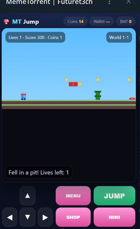 futuret3chdev's tweet photo. 🍄 NEW GAME: MT Jump is live!

Platformer fun on MemeTorrent — run, jump, grab coins, stomp enemies, and drop into pipes for a bonus mini-game.

How to play • Send /mtjump to the bot
• Or open /com → Play 2 Earn → 🍄 MT Jump

What’s in it • Classic-style stages with pits, pipes, coins & a flag
• Enemies (goombas, crabs, spikes, bats) — stomp from above
• Fall into a pit = lose a life (play careful 👀)
• Coin Rush mini-game (enter pipes or tap MINI)
• Party rooms — create a code so friends can join and tweak mini-game settings

Coming soon 🔗 Connect wallet / premium shop (button says Coming soon for now)

Free to play right now — jump in and chase a high score.

/mtjump · Main bot v10.2
Datafoot companion: @Datasoulbot (v3)