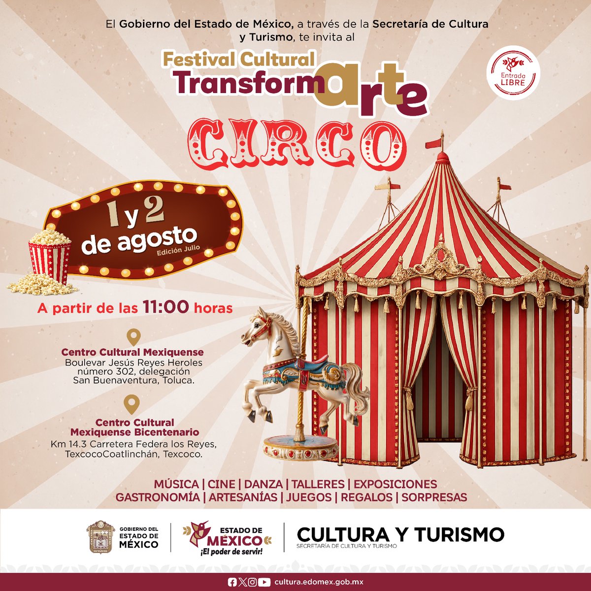 SeducEdoMex's tweet photo. 🎪🍿¡La magia del circo llega a una nueva edición de #TransformARTE!🎭✨
Prepara a toda la familia porque @CulturaEdomex te invita a vivir un fin de semana lleno de arte, diversión y muchas sorpresas.🤹♂️🎨
¡Te esperamos!
⏰ A partir de las 11:00 horas.
🎟️ ¡Entrada libre! https://t.co/39Y6a9ctgW