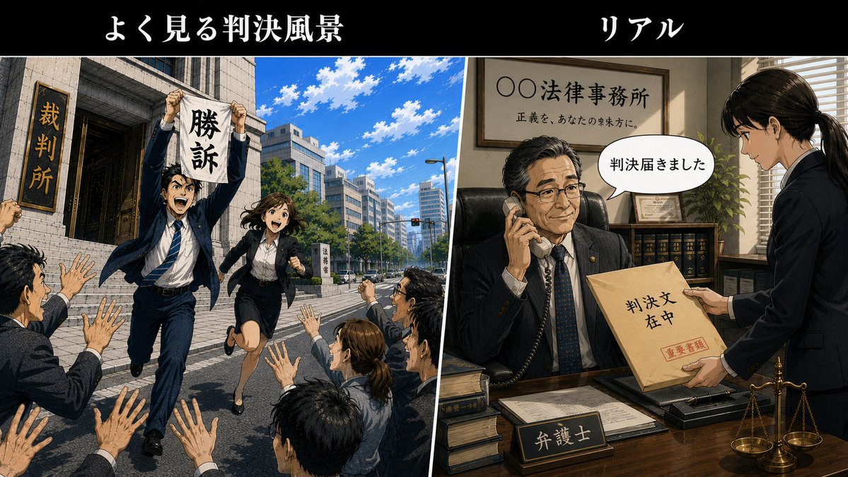MioCo10's tweet photo. 裁判のリアル
民事訴訟の場合、判決の時は原告・被告共に裁判所に行かないのが慣例、TVなどでよく見る勝訴〜とか敗訴〜とかやってるのはメディア向けパフォーマンスです。
なお刑事の場合は行くらしい、と言うのは無罪判決とか出るとその場で釈放しなきゃいけないかららしい。

大阪・泉南市議に再び賠償命令　SNS投稿、攻撃誘発の危険指摘(毎日新聞)
#Yahooニュース
https://t.co/HSdRluD6AI