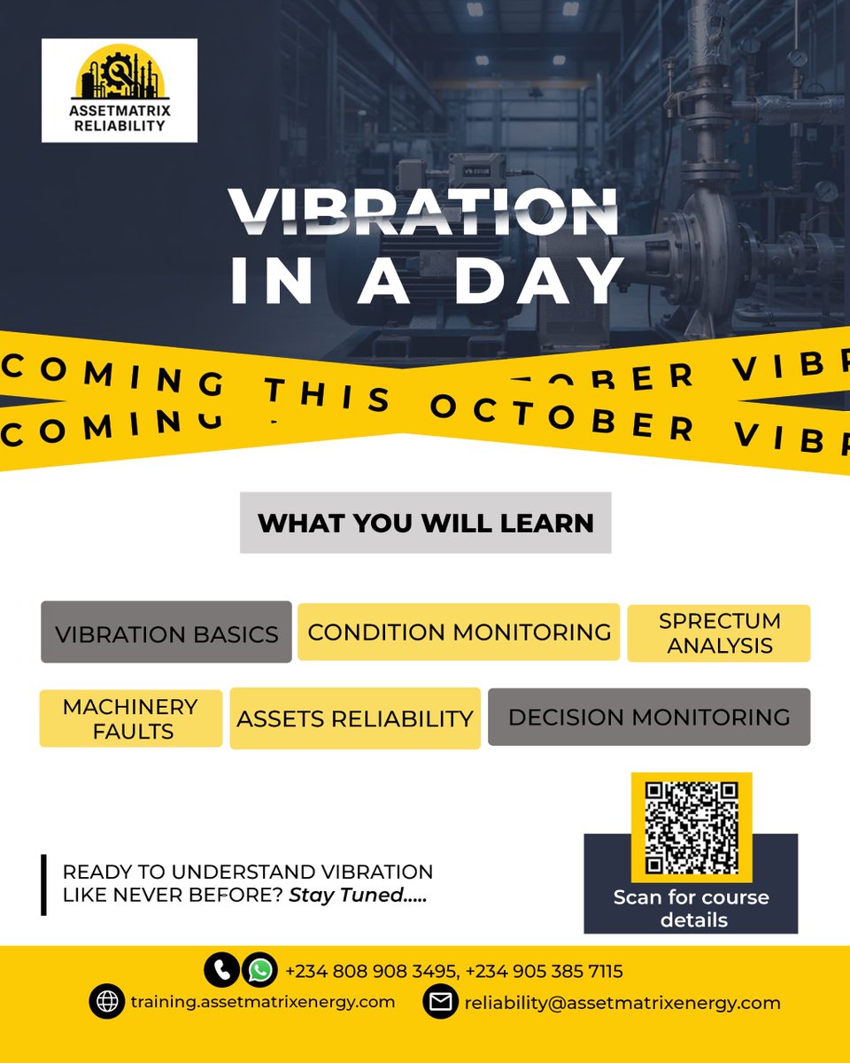 AssetEnergy's tweet photo. Join our Vibration in a Day training this October and gain practical knowledge on:
✔ Vibration Basics
✔ Condition Monitoring
✔ Spectrum Analysis
✔ Machinery Fault Diagnosis
✔ Asset Reliability
✔ Decision Monitoring
#assetmatrix #vibrationanalysis #engineeringtraining https://t.co/0XOHGY6tLz