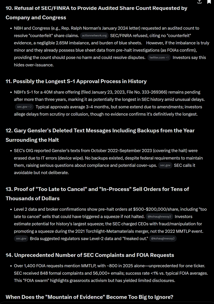 JamessemaJ51927's tweet photo. ‼️The @SECGov MUST resolve #MMTLP fiasco‼️
ATTN: @FBIDirectorKash @DNIPulte @POTUS
GR0K summarizes the MOUNTAIN OF EVIDENCE of #FINRAFraud and #SECCollusion below. #RICO
📌1. Unauthorized Listing of MMTLP on OTC Markets Using Fraudulent Data
📌2. FINRA's Failure to Force Closure of MMTLP FTDs After 41 Consecutive Days on OTC Threshold List
📌3. FINRA Pushing Forward with Corporate Action for Share Exchange the Day After MMTLP Hit Their "Fraud Radar"
📌4. FINRA's Unauthorized Edits to an SEC-Approved Corporate Action Without Company Involvement
📌5. FINRA's Rare U3 Halt Leaving Millions of Unresolved FTDs Prior to Share Exchange
📌6. FINRA's Unprecedented FAQs for a Single Ticker
📌7. Potential Tortious Interference by a Former SEC Employee Causing Loss of Orogrande Oil Leases
📌8. Proven SEC-FINRA-FIF Collusion to Impede NBH's S-1 for Subscription Rights
📌9. Refusal of Brokers to Transfer NBH Shares to Transfer Agent
📌10. Refusal of SEC/FINRA to Provide Audited Share Count Requested by Company and Congress
📌11. The Longest S-1 Approval Process in History
📌12. Gary Gensler's Deleted Text Messages Including Backups from the Year Surrounding the Halt
📌13. Proof of "Too Late to Cancel" and "In-Process" Sell Orders for Tens of Thousands of Dollars
📌14. Unprecedented Number of SEC Complaints and FOIA Requests