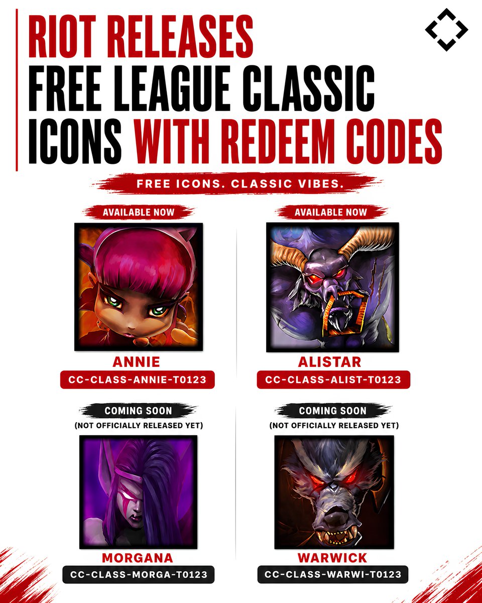strafeapp's tweet photo. [FREE] Riot is giving away free League Classic icons through redeemable codes.

Available now:
• Annie — CC-CLASS-ANNIE-T0123
• Alistar — CC-CLASS-ALIST-T0123

Community members have also discovered these unreleased codes:
• Morgana — CC-CLASS-MORGA-T0123 (not officially released yet)
• Warwick — CC-CLASS-WARWI-T0123 (not officially released yet)

To redeem them, head to https://t.co/zZeJiXID05, log in with your Riot account, and enter each code one by one.