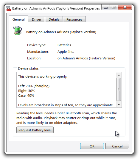 actuallyaridan's tweet photo. professional reverse engineer right here, i got my linux device manager to read my airpods battery level https://t.co/7mSVa96cMj
