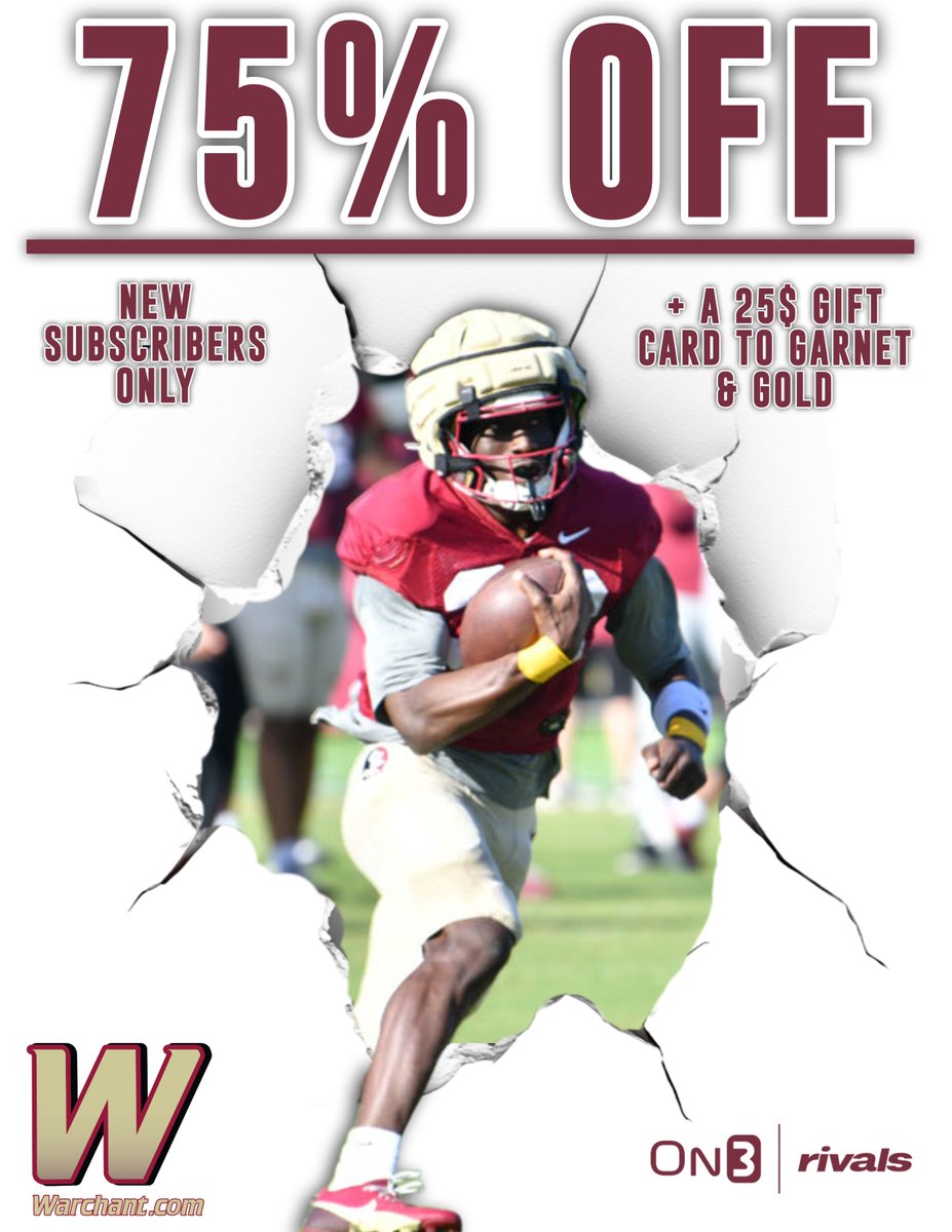 Warchant's tweet photo. 🚨 FALL CAMP SALE 🚨

Get 75% off an annual subscription PLUS a $25 gift card to @garnetandgold when you sign up for the ULTIMATE Seminoles' Sports Source.

* Largest FSU Fan community
* Preseason Nuggets &amp; Updates
* Position Previews

AND MORE!

JOIN:
https://t.co/U8bCAXPzoU https://t.co/hqw4FN3Exy