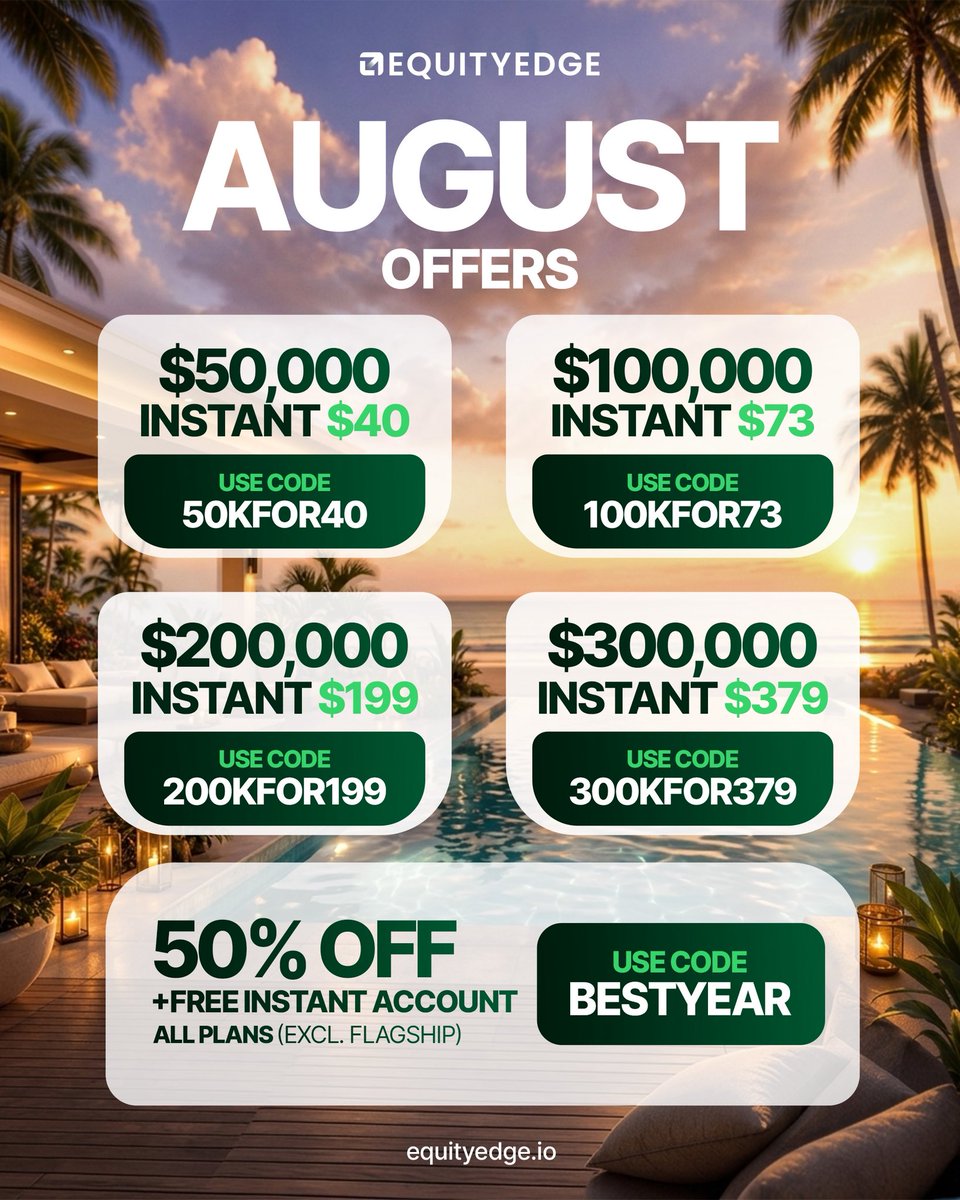 EquityEdgeUK's tweet photo. GO BIG THIS AUGUST. 🚀

More value. More opportunities. More ways to get funded.

🔥 Get 50% OFF all plans (excl. Flagship) plus a FREE Instant Account of the same size with code: BESTYEAR

Or skip the Challenge and go straight to the FUNDED STAGE! 

💰 50K Instant — $40
Code: 50KFOR40

💰 100K Instant — $73
Code: 100KFOR73

💰 200K Instant — $199
Code: 200KFOR199

💰 300K Instant — $379
Code: 300KFOR379

🔗 Expand your edge. Link in bio.
