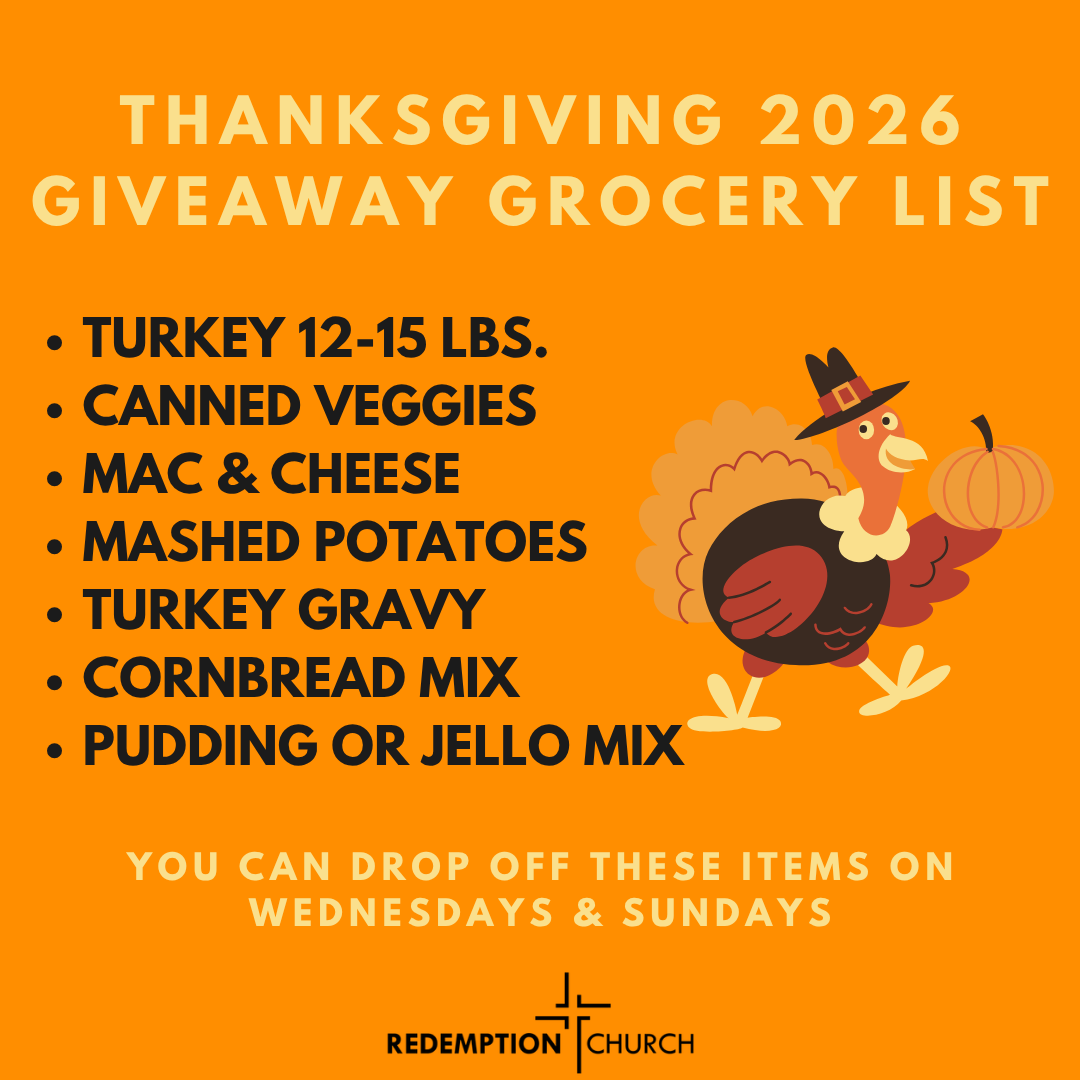 Redemption_CG's tweet photo. We know... it's almost August. And before you know it, Thanksgiving will be here!

This year, we want to be ready to meet the needs of families in our community. Our goal is simple:

"Nobody should go hungry this Thanksgiving."

As you shop over the next few weeks and months, would you consider picking up a few extra items from the grocery list below? Every donation will help us pack and distribute complete Thanksgiving dinner boxes to families who could use a helping hand during the holiday season.

Together, we can make sure more families gather around a full table, enjoy a warm meal, and experience the love of Jesus in a practical way.

Thank you for your generosity and for helping us make a difference, one meal, one family, and one act of kindness at a time.
#redemptioncg