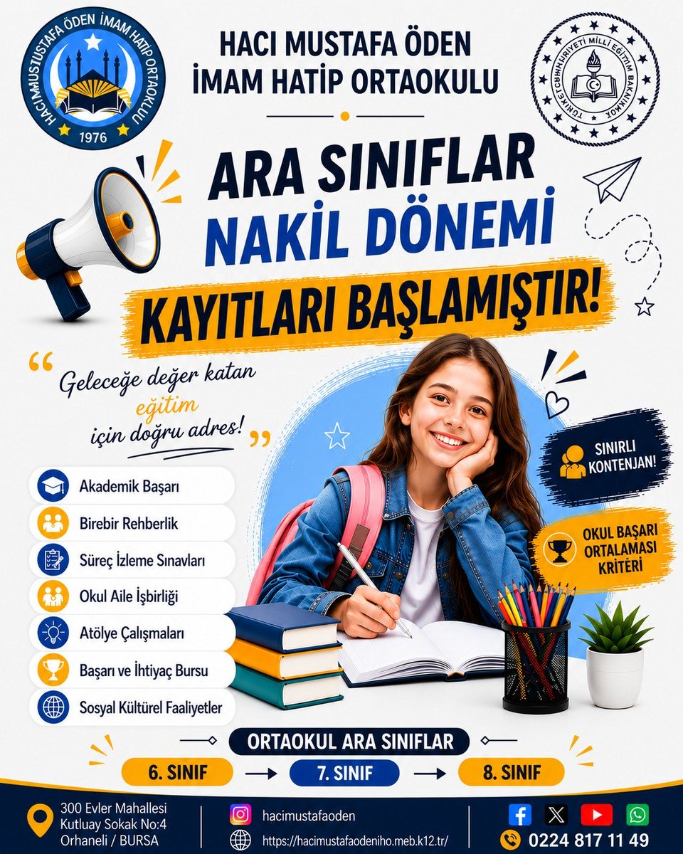 HacOden's tweet photo. 📢Ara Sınıflar Nakil Dönemi Kayıtlarımız Başladı.

🎯 Ortaokul 6,7. ve 8.sınıf ara sınıflarda okuyan ve okulumuza geçiş yapmak isteyen öğrenciler için kontenjanımız mevcuttur. Ara sınıflara geçiş yapmak isteyen öğrenciler okulumuzdan bilgi alabilirler. https://t.co/A3hyRCQAPd