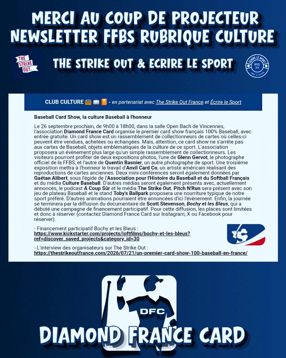 DiamondFrCard's tweet photo. Merci à la newsletter de @ffbs_baseball pour cette mise en lumière ! 

Club culture en partenariat abec @Ecrirelesport &amp; @TheStrikeOutFr 

Rendez-vous le 26/09 à Vincennes - aux portes de Paris - pour une journée 💯 % baseball ⚾️ 🇫🇷 culture !

#baseball #francebaseball https://t.co/68A8oYlFHO