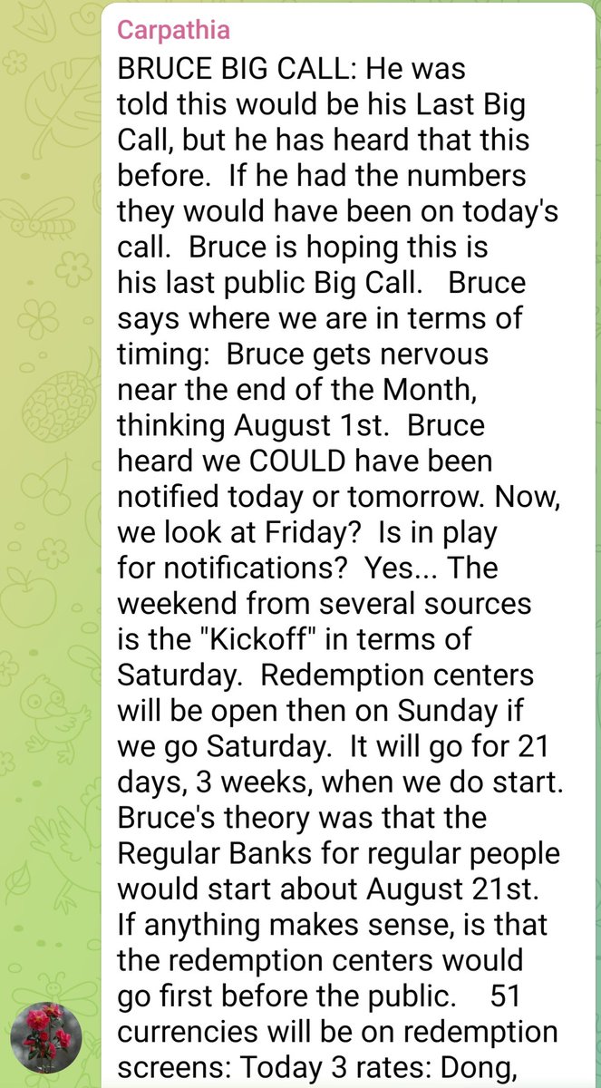 PaulGoldEagle's tweet photo. 🔴On 7/31, from Carpathia via the Wolvie channel  
✴️Bruce's Big Call  

Bruce hopes that this will be the final "public Big Call."  

After redemption begins, payments are expected to continue for 21 days (3 weeks).  

According to Bruce's prediction, the general public exchange process at regular banks will likely begin around August 21.  

(So, the prediction is that 4B redemptions will take place over 21 days, and general exchanges will start around 8/21.)  

The redemption center screen will display 51 types of currencies.  

Today, rates for the dong, rupiah, and dinar are shown—these are special contract rates for us, at extremely high levels.  

ZIM will be redeemed as a bearer bond, with a 1:1 rate applied against the US dollar.  

The currently circulating fiat US dollar will remain usable in the United States until around November 15.