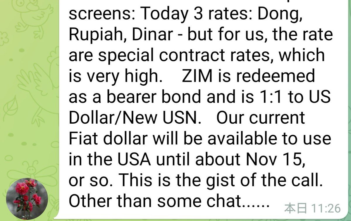 PaulGoldEagle's tweet photo. 🔴On 7/31, from Carpathia via the Wolvie channel  
✴️Bruce's Big Call  

Bruce hopes that this will be the final "public Big Call."  

After redemption begins, payments are expected to continue for 21 days (3 weeks).  

According to Bruce's prediction, the general public exchange process at regular banks will likely begin around August 21.  

(So, the prediction is that 4B redemptions will take place over 21 days, and general exchanges will start around 8/21.)  

The redemption center screen will display 51 types of currencies.  

Today, rates for the dong, rupiah, and dinar are shown—these are special contract rates for us, at extremely high levels.  

ZIM will be redeemed as a bearer bond, with a 1:1 rate applied against the US dollar.  

The currently circulating fiat US dollar will remain usable in the United States until around November 15.