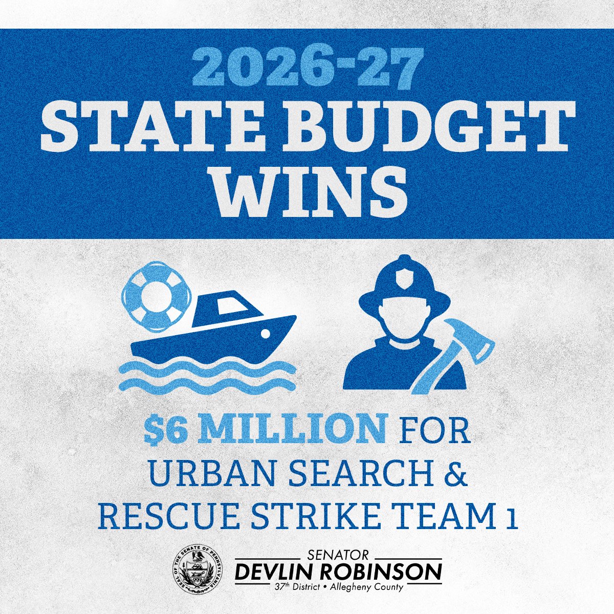 SenRobinsonPA's tweet photo. Western PA got an additional $6 million for Urban Search and Rescue Strike Team 1 in our state budget to continue providing emergency response services in our region!

I am proud to work with local first responders to ensure they have the resources they need. https://t.co/F3tMks0itI