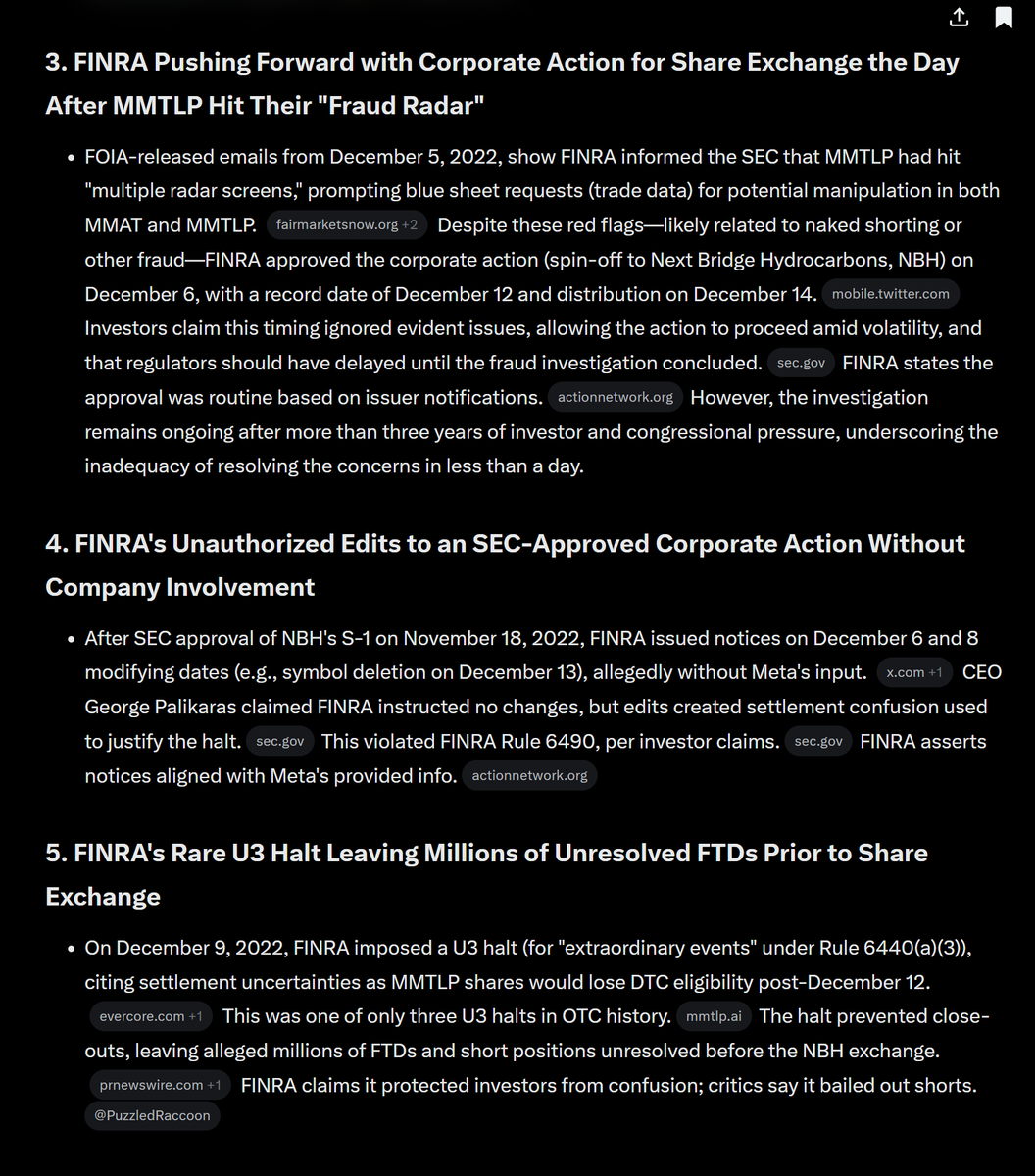 JamessemaJ51927's tweet photo. ‼️The @SECGov MUST resolve #MMTLP fiasco‼️
ATTN: @FBIDirectorKash @DNIPulte @POTUS
GR0K summarizes the MOUNTAIN OF EVIDENCE of #FINRAFraud and #SECCollusion below. #RICO
📌1. Unauthorized Listing of MMTLP on OTC Markets Using Fraudulent Data
📌2. FINRA's Failure to Force Closure of MMTLP FTDs After 41 Consecutive Days on OTC Threshold List
📌3. FINRA Pushing Forward with Corporate Action for Share Exchange the Day After MMTLP Hit Their "Fraud Radar"
📌4. FINRA's Unauthorized Edits to an SEC-Approved Corporate Action Without Company Involvement
📌5. FINRA's Rare U3 Halt Leaving Millions of Unresolved FTDs Prior to Share Exchange
📌6. FINRA's Unprecedented FAQs for a Single Ticker
📌7. Potential Tortious Interference by a Former SEC Employee Causing Loss of Orogrande Oil Leases
📌8. Proven SEC-FINRA-FIF Collusion to Impede NBH's S-1 for Subscription Rights
📌9. Refusal of Brokers to Transfer NBH Shares to Transfer Agent
📌10. Refusal of SEC/FINRA to Provide Audited Share Count Requested by Company and Congress
📌11. The Longest S-1 Approval Process in History
📌12. Gary Gensler's Deleted Text Messages Including Backups from the Year Surrounding the Halt
📌13. Proof of "Too Late to Cancel" and "In-Process" Sell Orders for Tens of Thousands of Dollars
📌14. Unprecedented Number of SEC Complaints and FOIA Requests