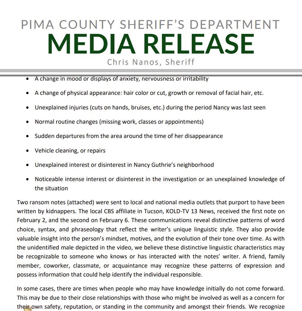 JoshBreslowTV's tweet photo. JUST IN: Pima County Sheriff Chris Nanos put out release about Nancy Guthrie investigation marking six months since her disappearance. https://t.co/oHb2P7Sux7