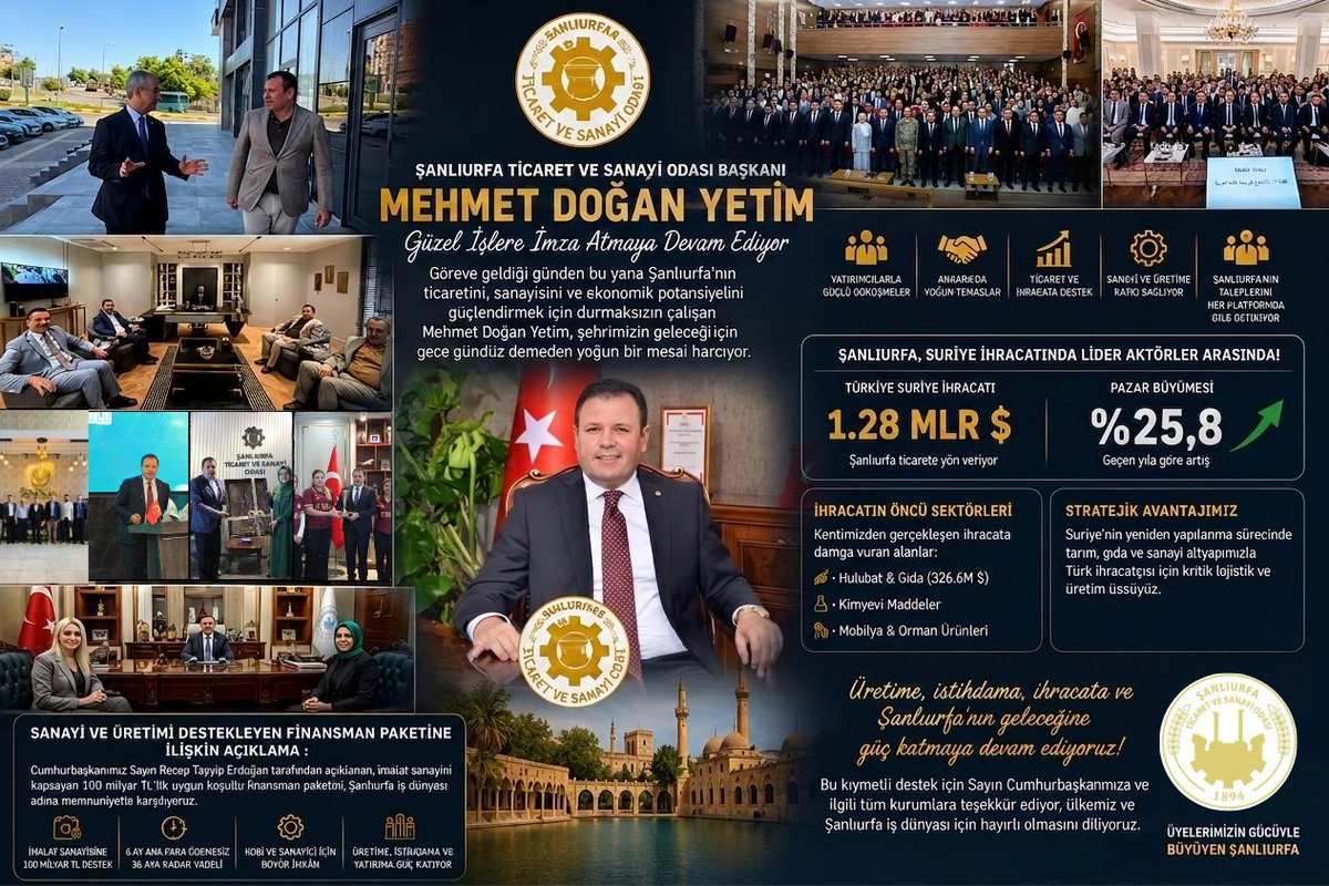 IBRAHIMKILIC571's tweet photo. ꧁ Şanlıurfa'nın Kalkınma Yolculuğunda Güçlü Bir İsim:
𝗠𝗲𝗵𝗺𝗲𝘁 𝗗𝗼𝗴̆𝗮𝗻 𝗬𝗲𝘁𝗶𝗺...꧂

Biz Urfalılar biliriz; bir memlekete hizmet etmek lafla olmaz, taşın altına elini koymakla olur. Son zamanlarda da bakıyoruz, ŞUTSO Başkanı Mehmet Doğan Yetim, Urfa için durmadan koşturuyor.

Bugün Ankara'da bakanlıkta, yarın iş dünyasının içinde, öbür gün yatırımcılarla aynı masada... Derdi makam değil, Urfa kazansın, gençler iş bulsun, sanayimiz büyüsün, esnafın yüzü gülsün.

ŞUTSO da son yıllarda boş durmuyor. Şehrin sesi daha gür çıkıyor, yatırımcı Urfa'yı daha çok konuşuyor, sanayici kendini daha güçlü hissediyor. Bunlar kendiliğinden olmuyor; emek, sabır ve takip istiyor.

Urfa'nın ekmeği büyürse hepimiz kazanırız. Bir fabrika açılırsa bir ev değil, onlarca evin ocağı tüter. İşte bu anlayışla çalışan herkes bu memleket için kıymetlidir.

Rabbim birlik ve beraberliğimizi bozmasın. Şehri için taş üstüne taş koyanın da yolunu açık etsin. Mehmet Doğan Yetim'e ve ŞUTSO ailesine, Şanlıurfa adına verdikleri emekten dolayı teşekkür ediyor, başarılarının devamını diliyoruz.

@mdoganyetim
@serhatkrd @komiteleri @TOBBiletisim @RHisarciklioglu @TayyarYetim @memetsimsek @SUTSO