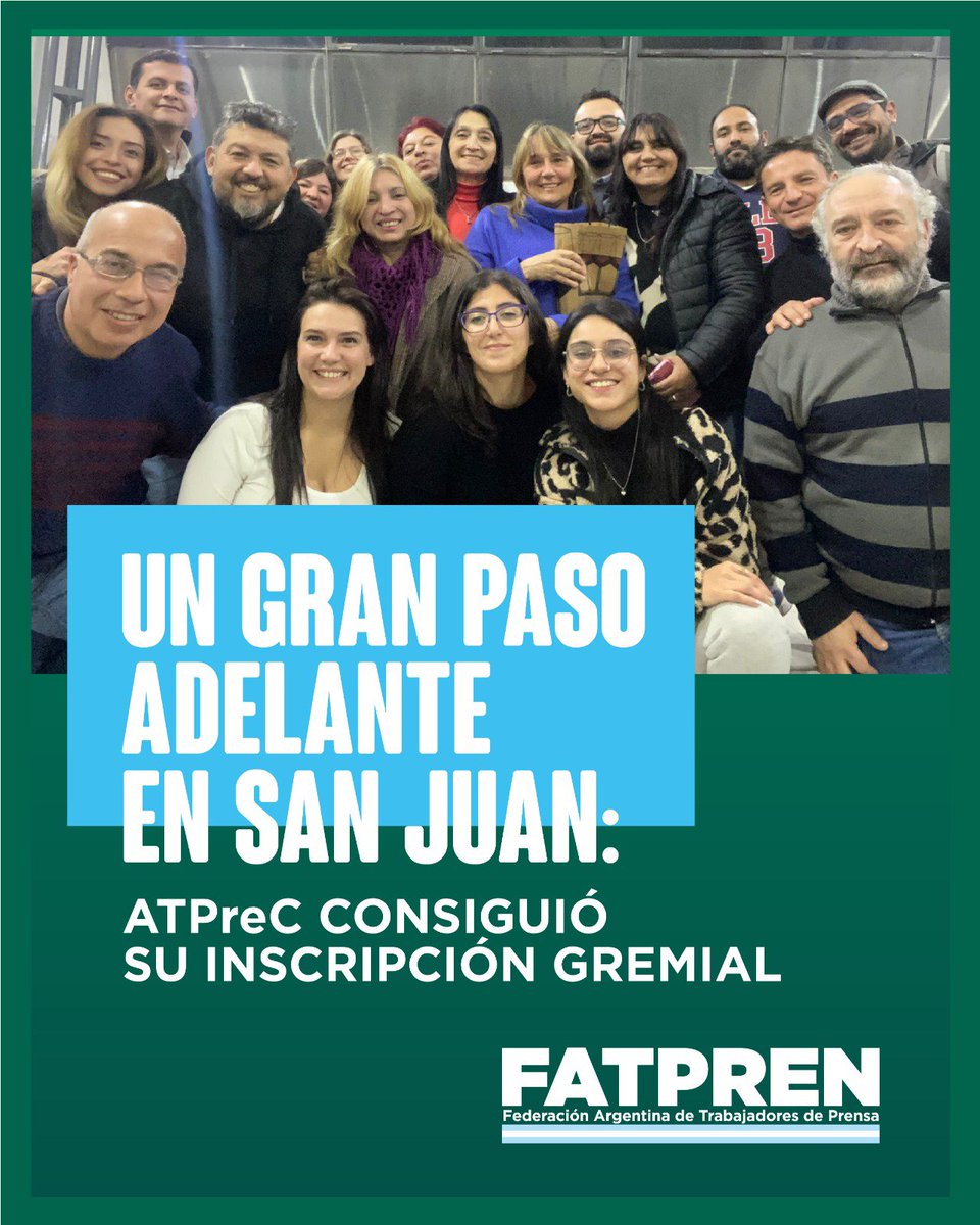 PrensaFATPREN's tweet photo. 📢 San Juan: la ATPreC obtuvo su inscripción gremial

Desde FATPREN celebramos este hito que representa la primera organización gremial de trabajadores de prensa con personería gremial en la provincia.

🔗 Nota completa https://t.co/JBkNkheMM1 https://t.co/zZ0c3RVdn3