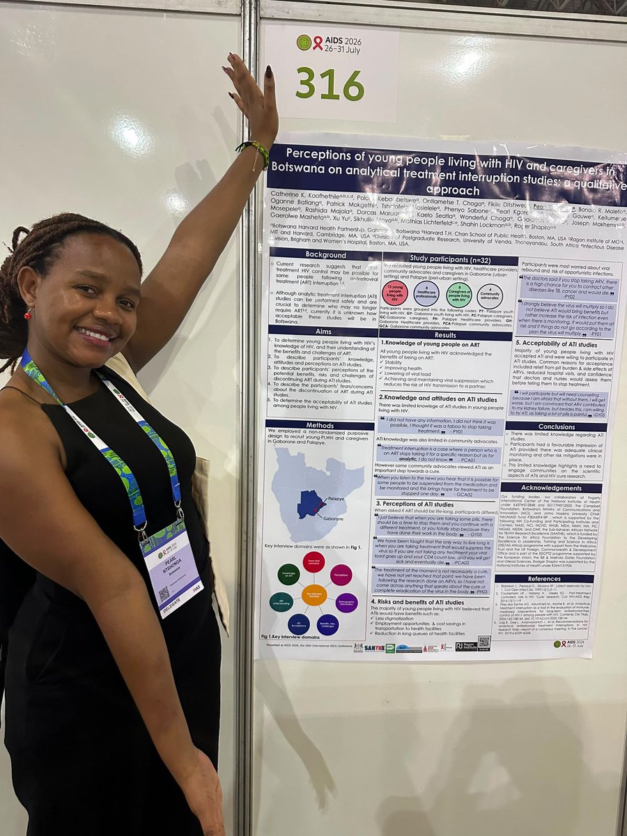 AidsHarvard's tweet photo. Prof. Catherine K. Koofhethile represented BHP as Lead Rapporteur for Track A – Basic &amp; Translational Science at #AIDS2026 and co-chaired a pre-conference symposium. Her PhD student, Pearl Ntshonga, also presented a poster on ATI-inclusive HIV research.
#HIVResearch #GlobalHealth https://t.co/K5FZyubCHB