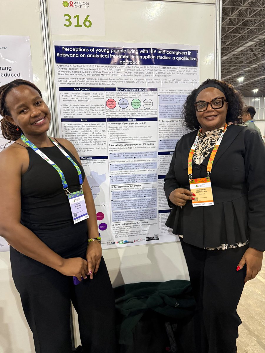 AidsHarvard's tweet photo. Prof. Catherine K. Koofhethile represented BHP as Lead Rapporteur for Track A – Basic &amp; Translational Science at #AIDS2026 and co-chaired a pre-conference symposium. Her PhD student, Pearl Ntshonga, also presented a poster on ATI-inclusive HIV research.
#HIVResearch #GlobalHealth https://t.co/K5FZyubCHB