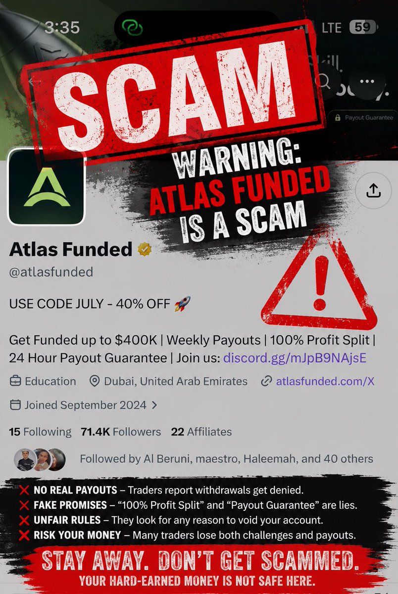 Mohamazinggg's tweet photo. ❌ ATLAS FUNDED IS A SCAM FIRM !!🚨 

Atlas Funded scammed me out of my payout, then built a fake "VIOLATION " using their own CONTRADICTORY DATA  to justify it.  I passed the evaluation, followed every rule and hit payout  And instead of paying me what I earned, they breached my account and threw out a "copy trading / IP sharing" accusation with zero real substance behind it

Here's the part that should make anyone considering this firm think.  twice I was their AFFILIATE. I promoted this platform to my own audience because I trusted it and vouched for them.  

They sent me a "breach report" as justification. I went through it but  It doesn't hold up  it actively contradicts itself. LETS FO THROUGH IT 👇👇👇👇👇👇👇👇👇