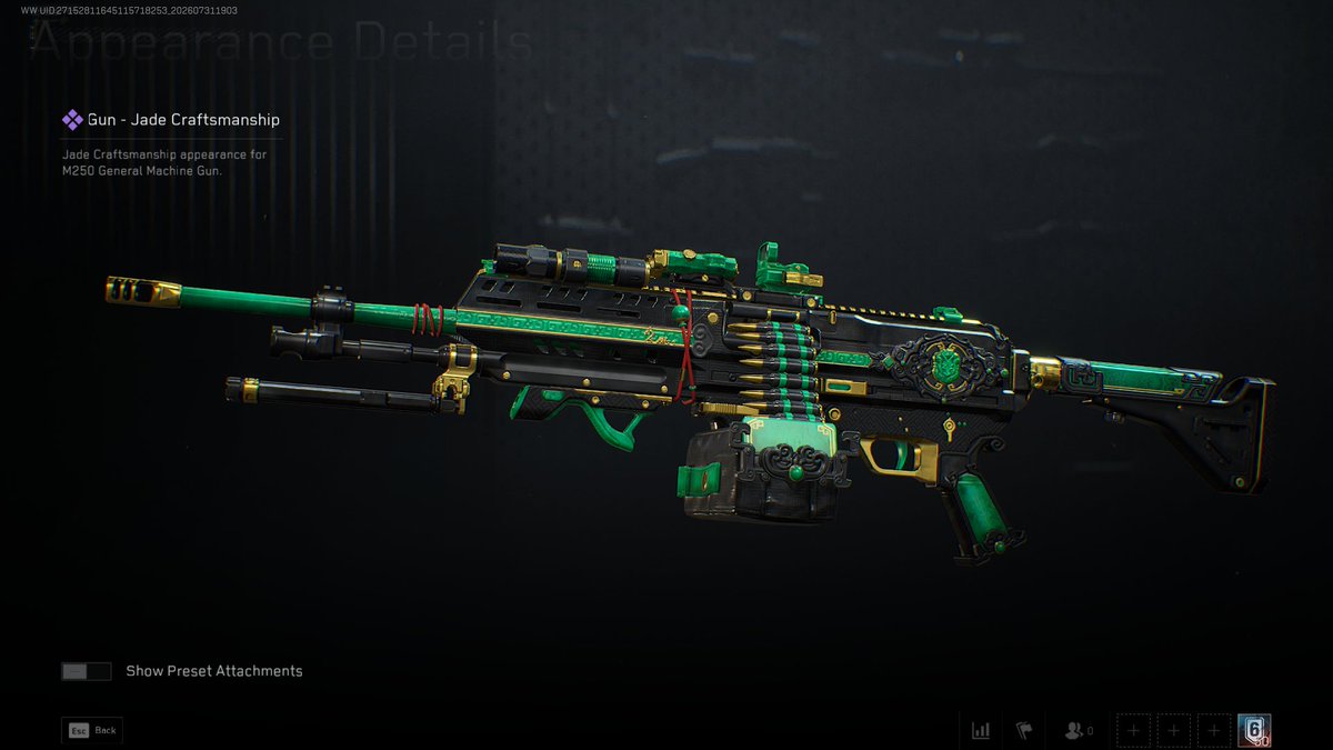 Deltaforceaday's tweet photo. Weapon alert 🚨M250 Jade Craftsmanship skin. Thoughs? #deltaforcegame #deltaforcepc #deltaforce https://t.co/sZXp8WOifm