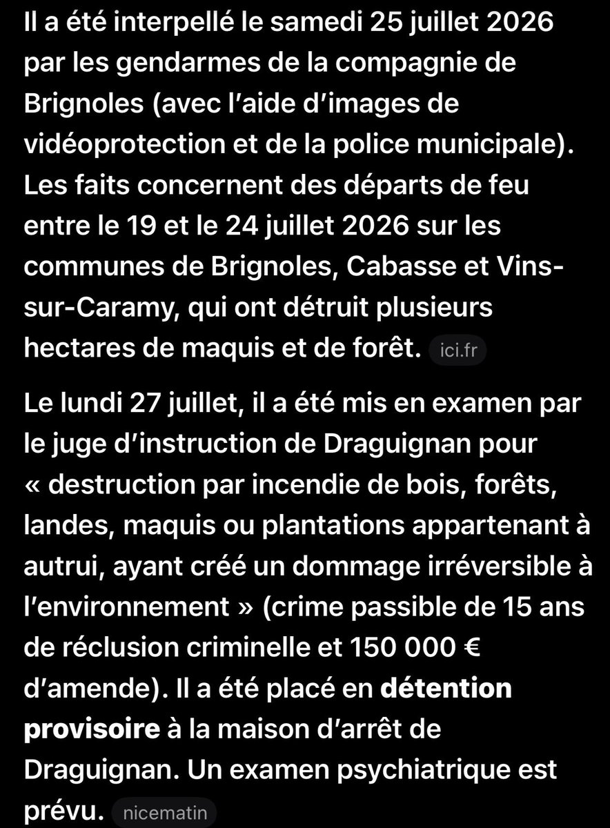 ttm5cvznyw's tweet photo. #Incendiesdeforêt #Var #ponteves
#Brignoles @ici_provence @Nice_Matin @Var_Matin
Sur certain post il est stipulé que l’homme âgé de 23 ans et suspecté de plusieurs incendies de forêts en autres sur brignoles, aurait été mis en liberté
C’est une fake news il est toujours incarcéré à la maison d’arrêt de Draguignan
Arrêtez vos fake news cela met à mal les informations et la détresse des victimes
Ainsi que le travail des sapeurs pompiers et bénévoles sur le terrain