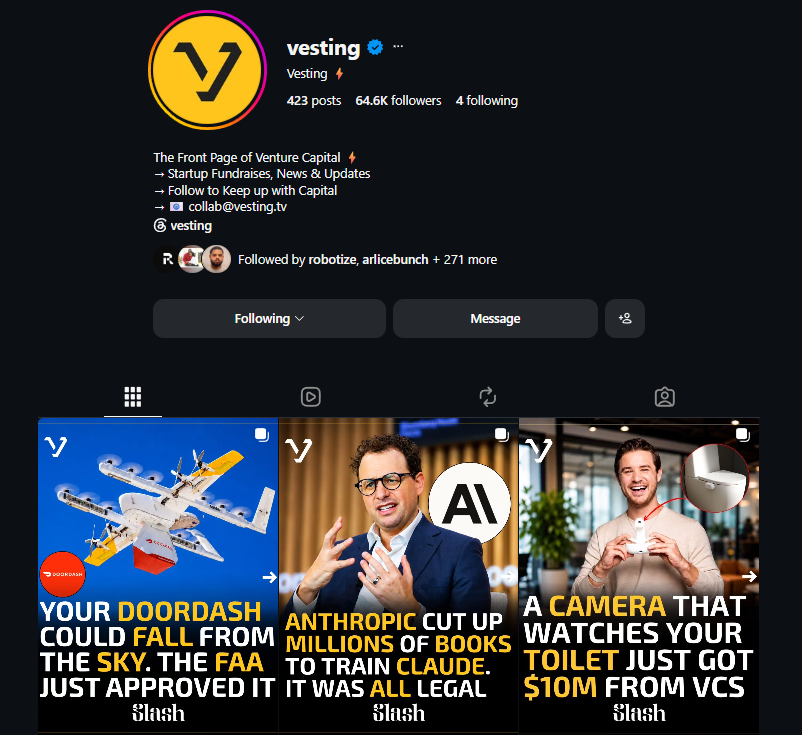 brycent's tweet photo. I've had multiple people ask me... 

"why not raise money for Vesting?" 

The answer is simple: To build what we are building doesn't require venture capital, it required the pain of me bootstrapping for 7 months before we made our first $. 

Additionally, a lot of really strong businesses have been ruined by playing the venture game too soon. I don't want Vesting to fall into that trap. 

We are building a multi-platform, creator-owned, bootstrapped, media company that talks about venture backed startups. (organic + ad rev)

We've also built a media agency on the backend that works directly with startups on: 

- Spinning up organic content on socials
- Running social media pages for brands
- Helping startups with marketing support
- Helping startups run paid ads that convert
- Helping companies position their brand through incredible storytelling

We are profitable, and building a strong base that will give us a chance to be a major player in the startup and venture space for many years. 

Raising is great, but understanding if it's right for your business is all that matters.