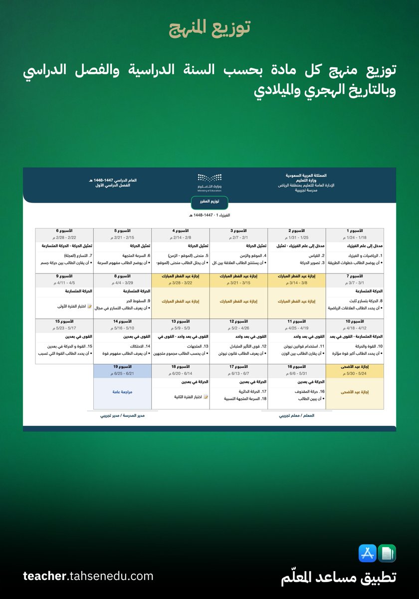 TeacherAssis's tweet photo. تعبت كل فصل وأنت تبحث عن توزيع المنهج وتعدّله يدويًا؟ 😓 مع تطبيق #مساعد_المعلم اختر السنة الدراسية والفصل والمادة ويكون جاهز خلال لحظات 📷👌 https://t.co/ZBmLvkVJnY