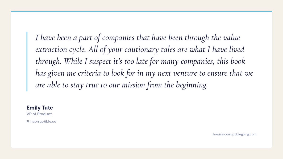 Quote card: Emily Tate, VP of Product, on Incorruptible by Eric Ries.