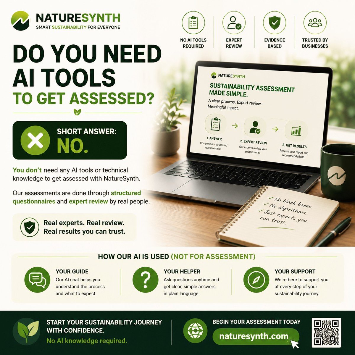 NATURESYNTHHQ's tweet photo. Do I need AI tools to get assessed?' No. Assessments are delivered through structured questionnaires and expert review today. 

Ask us anything else at https://t.co/d6dB3JmJie

#NatureSynth #Sustainability #BusinessGrowth #ESG #SustainabilityAssessment https://t.co/MjUK0jyElw