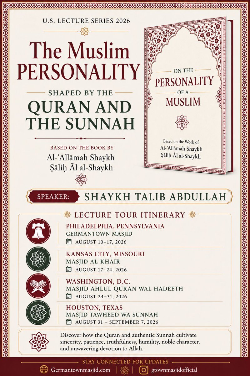 GtownMasjid's tweet photo. The Muslim Personality Lecture Series

Speaker: Shaykh Talib Abdullah

May Allah benefit the Muslims through it and bless all those involved. 

@MasjidAQWH_DC @masjidkhairkc @MasjidTWSHTX https://t.co/fRuO42voNZ