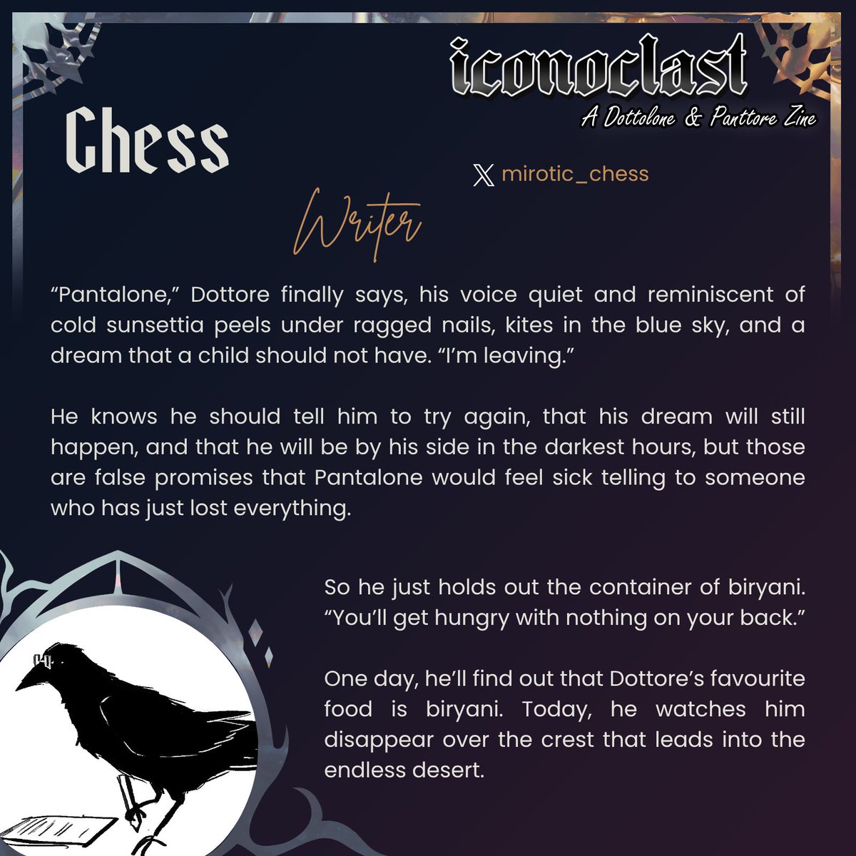 IconoclastZine's tweet photo. 🪙CONTRIBUTOR SPOTLIGHT🧪 

Introducing our writer, @mirotic_chess!

“I love all the different interpretations of them that people come up with, and I'd love to keep contributing to the community as I have since 2022! <3” https://t.co/pmhRVcTKvT