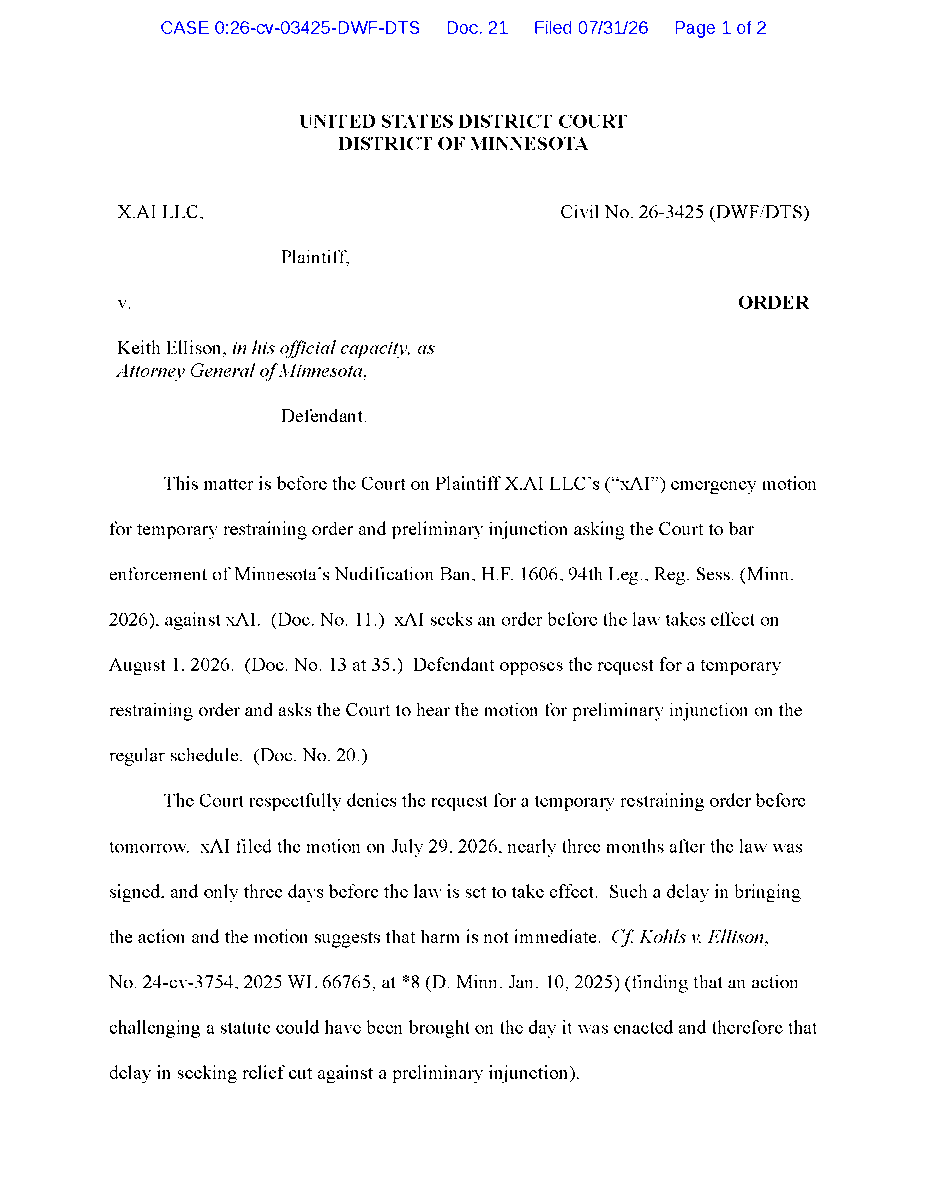 AGEllison's tweet photo. BREAKING: The court just denied XAI's attempt to stop Minnesota's AI nudification ban from taking effect.

The law will take effect tomorrow as planned. This is great news. 

I'm proud to be in court defending the dignity of Minnesotans. https://t.co/RW17E8mzIp