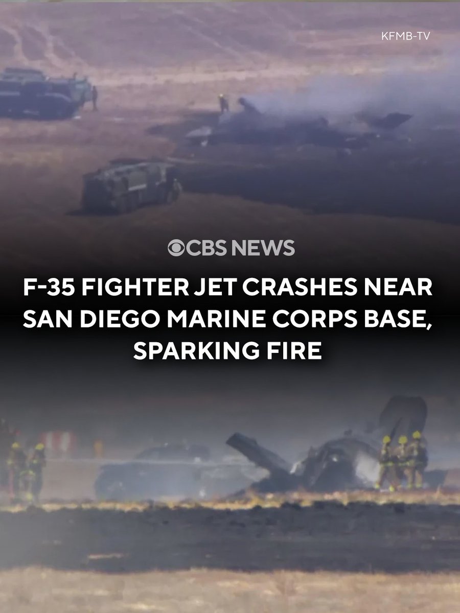CBSNews's tweet photo. An F-35 fighter jet crashed near a Marine Corps base in San Diego on Friday, sparking a small fire. A Marine Corps spokesperson said the pilot ejected, was recovered, and is being transported to a medical facility. https://t.co/DuikKx4a2r https://t.co/UcaufuwnuK