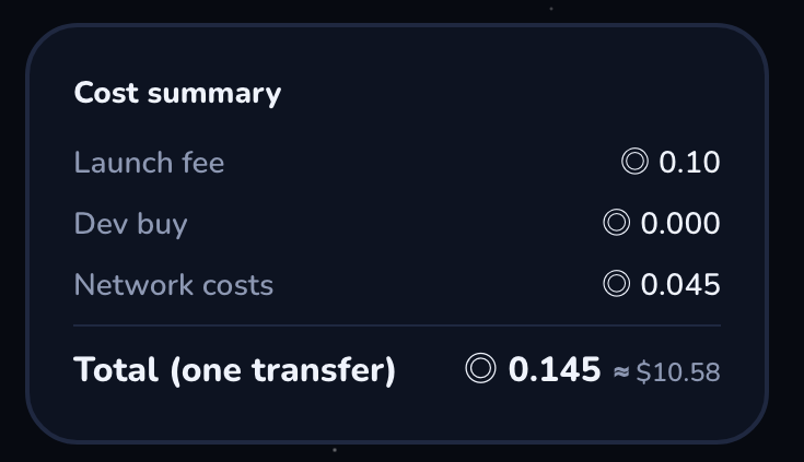 moonpumplaunch's tweet photo. cost: flat 0.1 SOL launch fee. that's it.

no % of supply, no take on the burns. your coin trades on pumpfun like any other and graduates to PumpSwap normally — with a burn engine strapped to it for life. https://t.co/JmyIer7PMZ