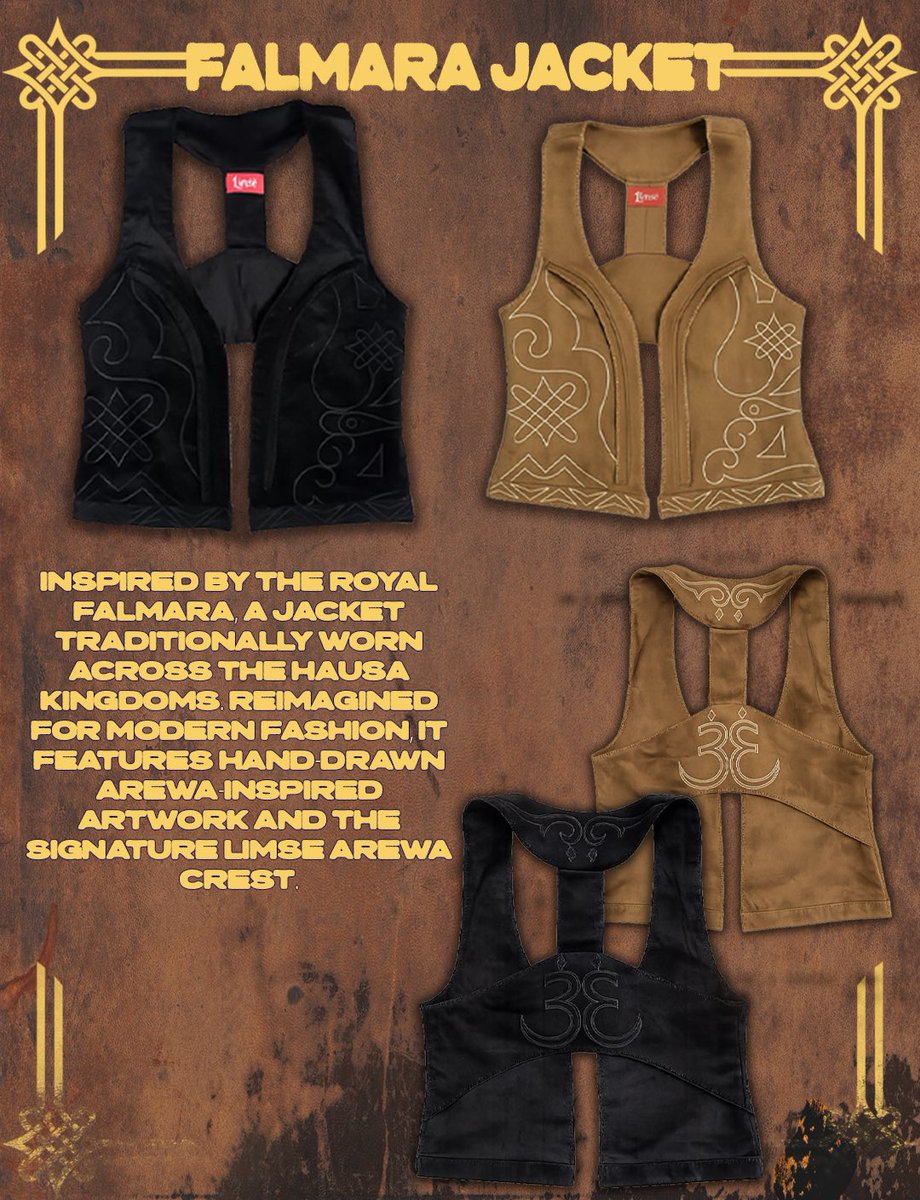 limsesvk's tweet photo. FALMARA JACKET
Inspired by the royal Falmara, a jacket traditionally worn across the Hausa kingdoms. Reimagined for modern fashion, it features hand-drawn Arewa-inspired artwork and the signature Limsë Arewa Crest. https://t.co/kOxDVTCo1R