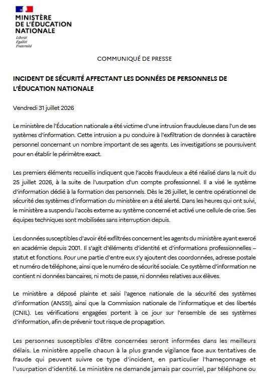 frjarraud's tweet photo. IMPORTANT : L'éducation nationale annonce un nouveau piratage massif de données personnelles de ses agents. Il a eu lieu le 25/7. Le MEN ne donne pas le nombre d'agents concernés mais c'est massif : les agents ayant suivi des formations depuis 2001 ! 1/3 https://t.co/iCeY4eh2dT