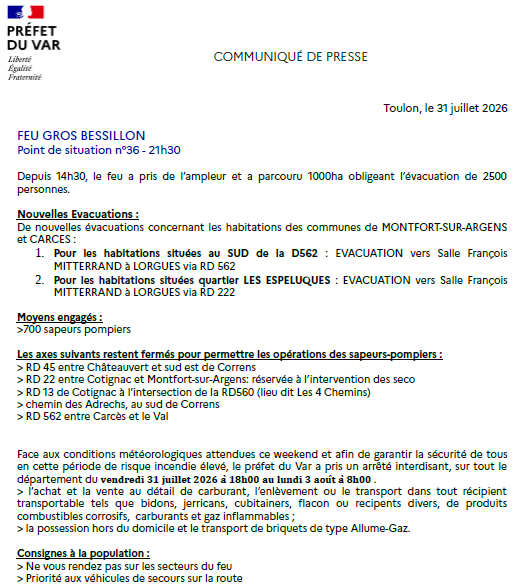 Prefet83's tweet photo. #Feu #GROSBESSILLON | Vendredi 31 juillet - 21H30
✔ Point de situation
> Le feu a parcouru 1000ha
> 2500 personnes ont été évacuées https://t.co/EjsRWfpbNl