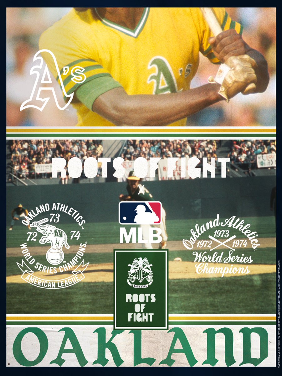 rootsoffight's tweet photo. From Catfish Hunter's arm to Rickey Henderson's wheels, the Athletics have written some of baseball's most colorful chapters.

This is their collection.

ROF x MLB x Oakland A's | https://t.co/bxVuTekFZa https://t.co/tcvGWQGFtW