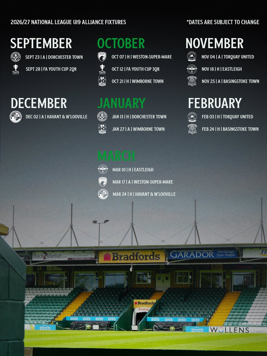 YTFCYouth's tweet photo. 2026/27 Enterprise National League U19 Alliance fixtures 📅

Here’s how Division E shapes up, in partnership with Yeovil College. 👊 

#YTFC 💚 https://t.co/s33zIiCJNU