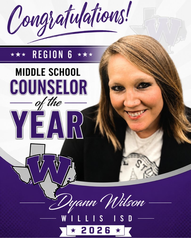 WillisSchools's tweet photo. Congratulations to Brabham Middle School's Dyann Wilson, the 2026 Region 6 Middle School Counselor of the Year! 🏆💜

Dyann is a dynamic leader who goes above and beyond for students, families and fellow counselors. We are proud to have her as part of our Wildkat family! https://t.co/gCNqNmbTvC