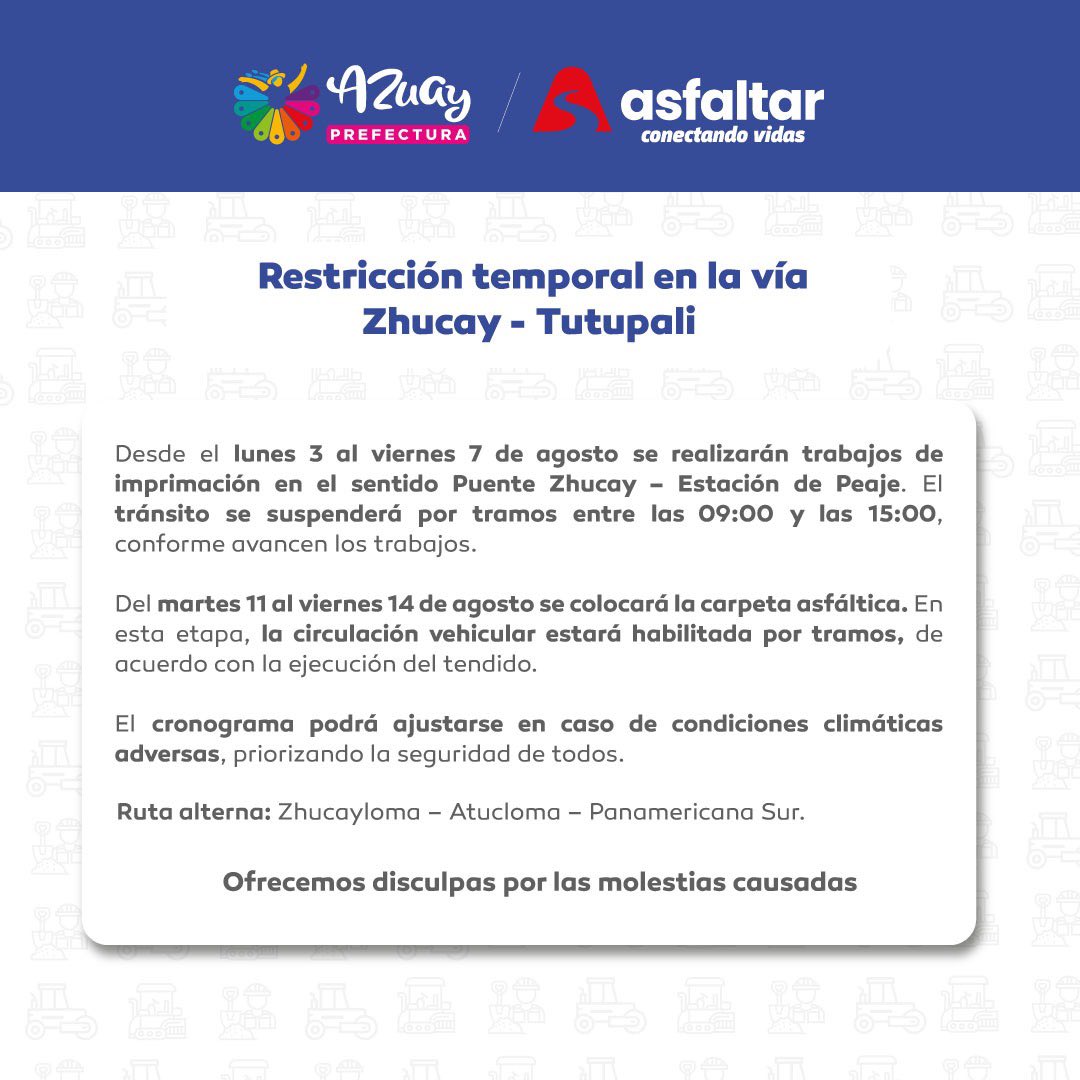 EpAsfaltar's tweet photo. Estamos en la fase final de la rehabilitación de la vía Zhucay - Tutupali. 🙌🏽

📌Por favor tenga en cuenta las restricciones temporales al tránsito.

#TransformamosVidas https://t.co/pA35Ows8kU