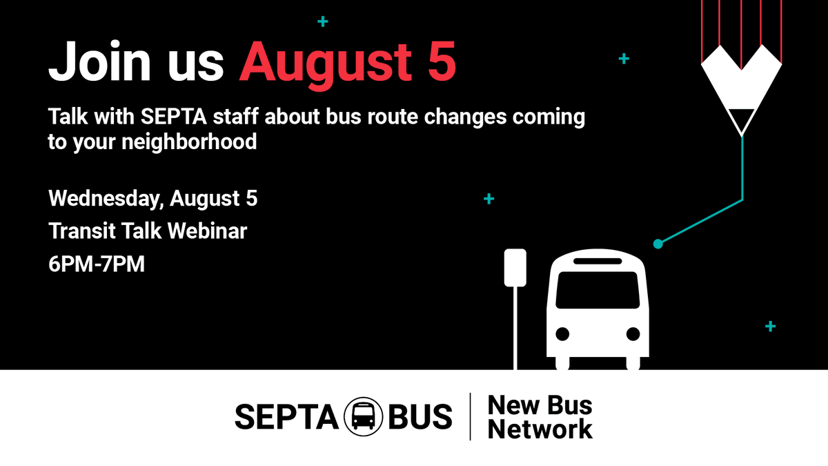 SEPTAPHILLY's tweet photo. Join us on Wednesday, August 5 from 6PM to 7PM to learn more about the changes beginning August 23 including two new routes and six extensions. Seven existing routes will be eliminated and major we're making adjustments to frequency and routing on several key routes: https://t.co/60ZcAgEdTi.

#ISEPTAPHILLY