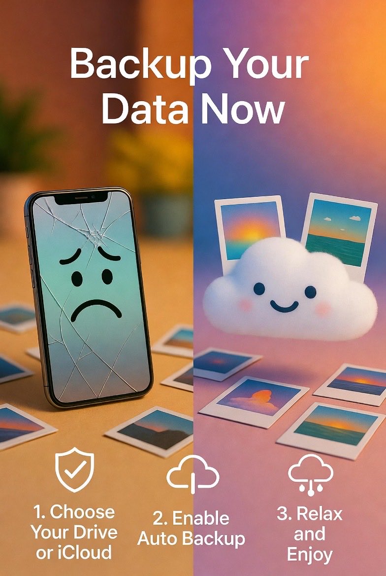 bunioxtech's tweet photo. Back up your photos and important files — don’t wait for a phone crash!
Use Google Drive or iCloud (free tiers are enough for starters) and turn on automatic backup. Set it and forget it.
One hour setup = years of peace. Have you backed up recently? 📸” https://t.co/7o8ZRRnneb